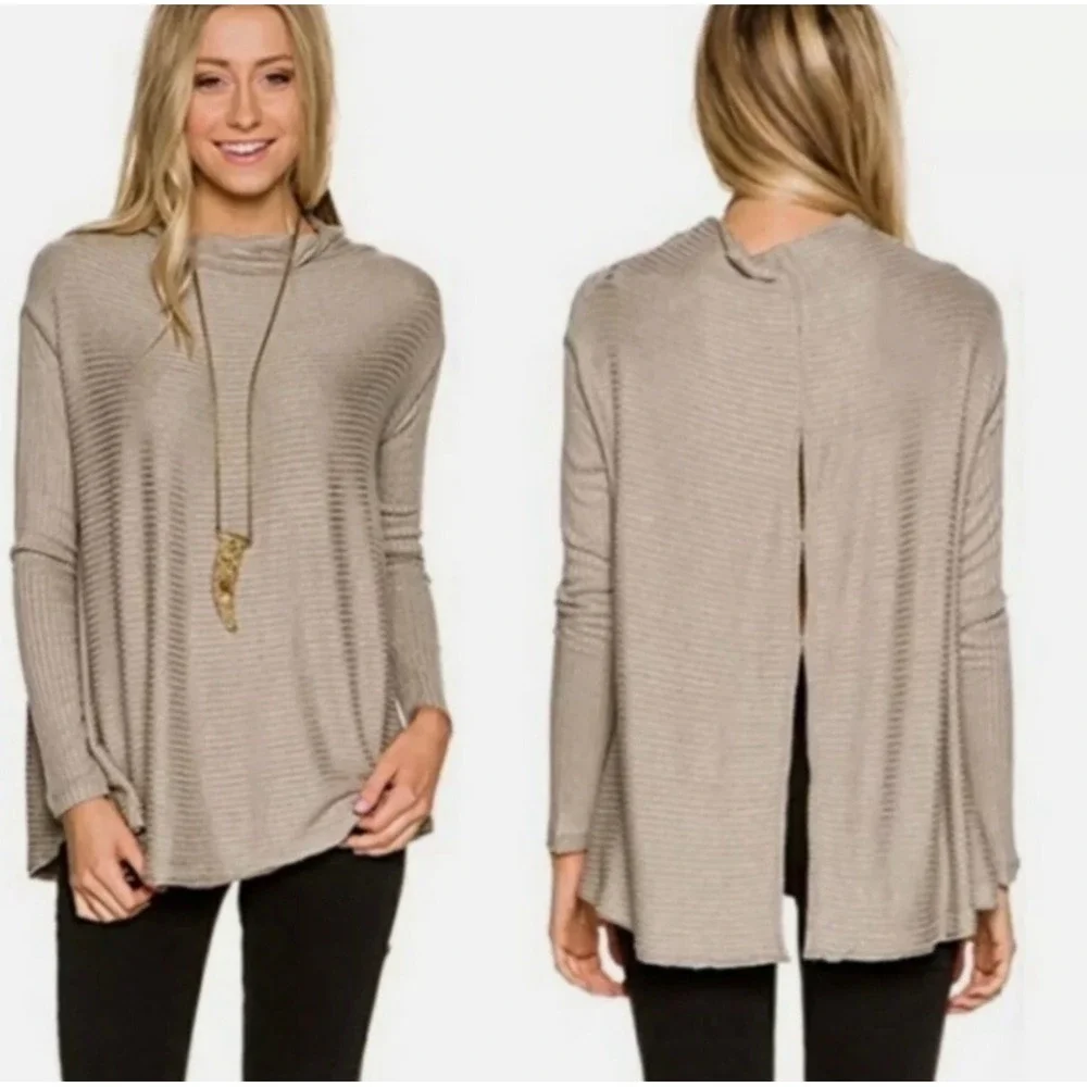 Free‎ People Lover Ribbed Sweater XS Taupe Split Back Cowl Neck Boho  Minimalist